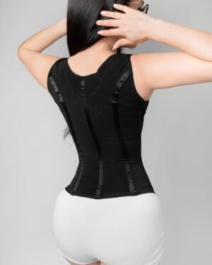 Chaleco faja colombiana extra largo con soporte en hombro vista trasera color negro
